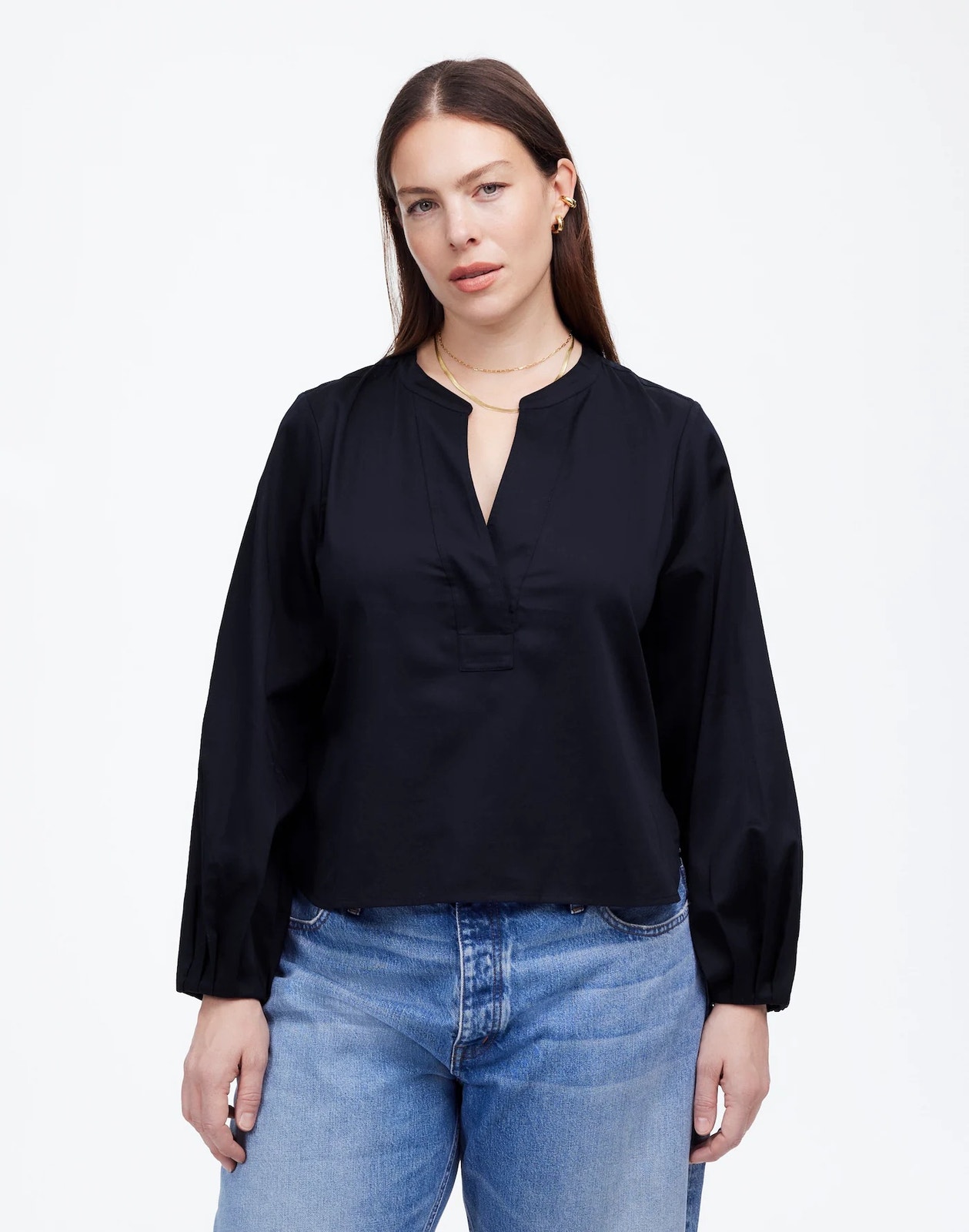 Madewell V-Neck Long Sleeve Top Deep Indigo Navy Bubble Sleeve Cotton Blouse Med